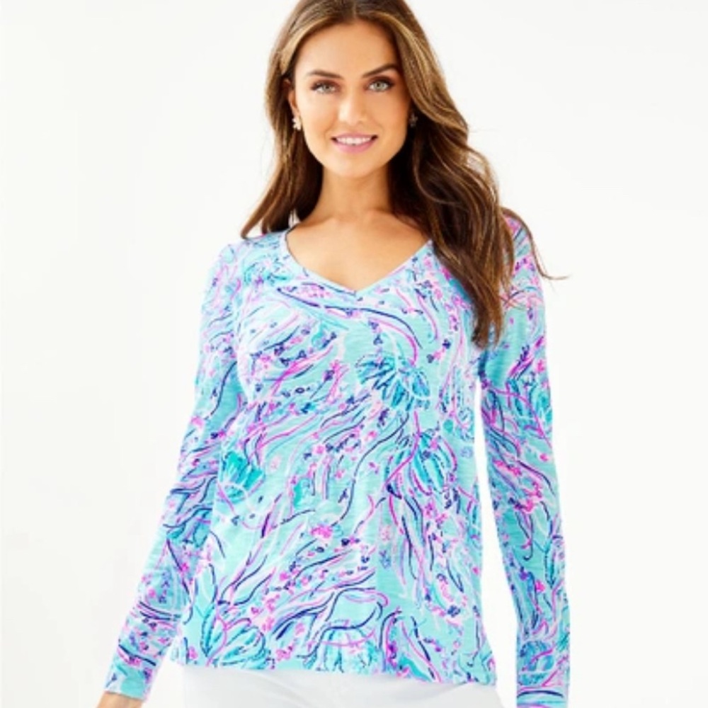 Lilly Pulitzer Etta Top XS Bermudaful Print Long Sleeve Pullover
